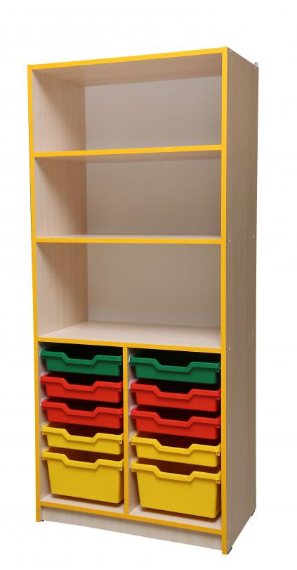 Стінка універсальна "Кмітливчик" елемент відкритий з лотками, та відкритими полицями, для умеблювання садочків та школи ,(ТОВ ‘’АЛМАНТ’’), 696х410х1594 мм.